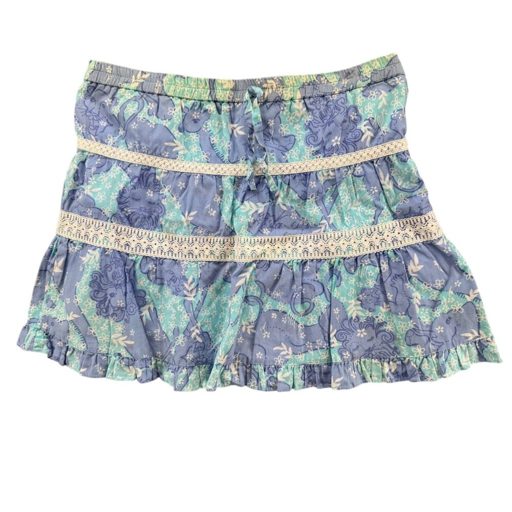 Vtg Lilly Pulitzer Skirt Girls Blue Green Lace Trim Drawstring Size 12